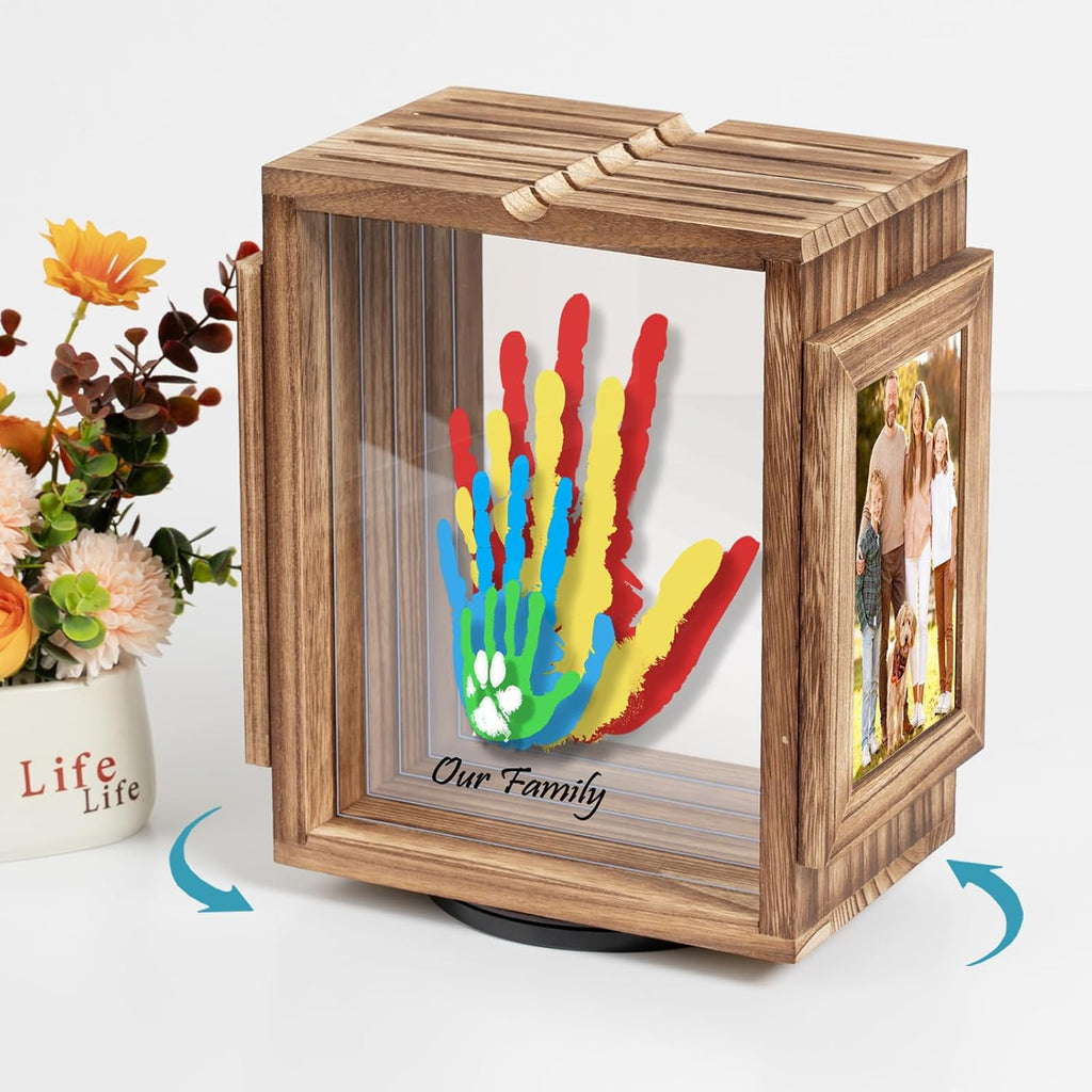 360 Rotating Family Handprint Kit, DIY Craft Keepsake Wooden Frame, Baby Footprint Kit, 5 Paint Colors Included