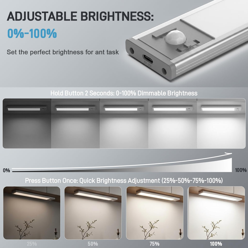 6Pack Aluminum Under Cabinet Lighting, 10inch Rechargeable Ultra-Thin Magnetic Motion Sensor Closet Lights, 3 Colors
