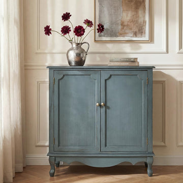 Antique Solid Wood Sideboard with Adjustable Feet, 2 Shelves Storage Accent Cabinet with 2 Doors, Farmhouse Vintage
