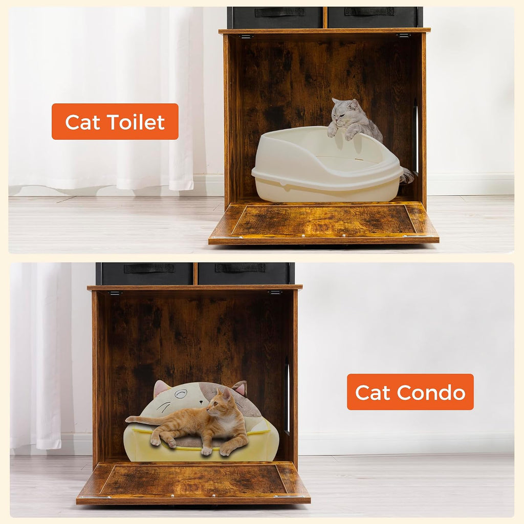 Cat Litter Box Enclosure, 3 Storage Shelves and 2 Drawers, 61.8" H