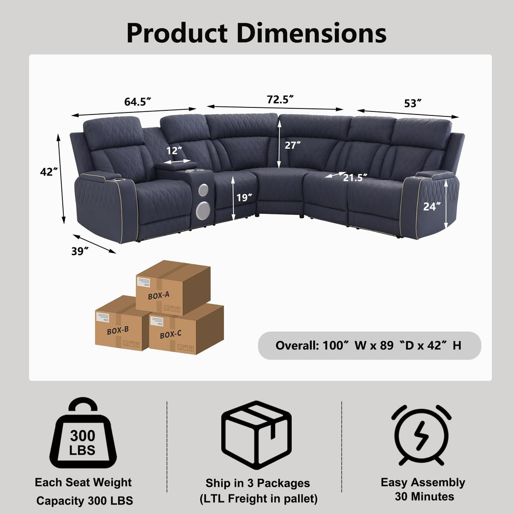 Power Reclining Sectional Couch with Speakers, Faux Leather Recliner Sofa, L-Shaped Reclining Sectional with LED