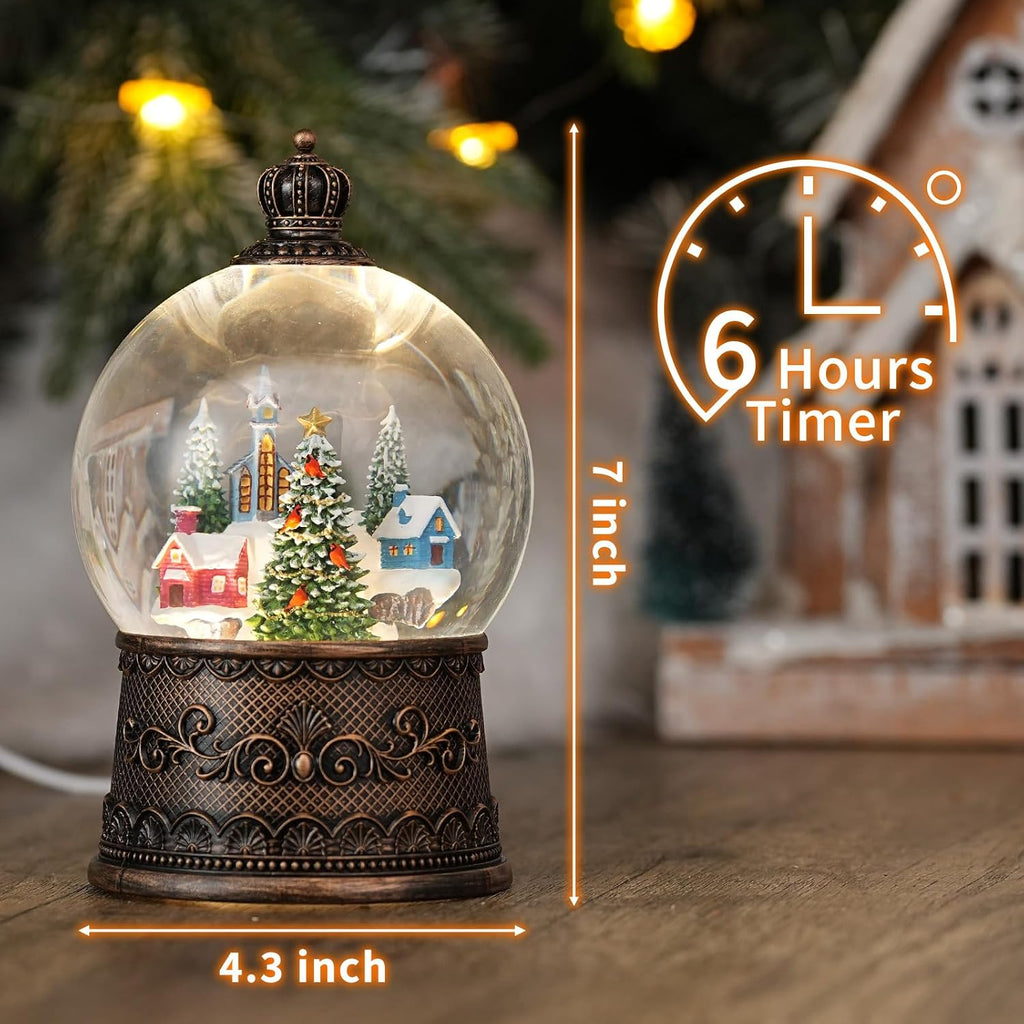 Snow Globe with Christmas Tree & Village, Light Up Christmas Snow Globes with Music Timer - USB Plug or Battery