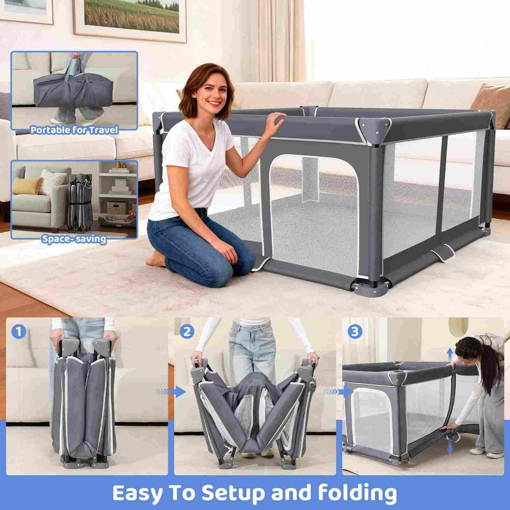 Foldable Baby Playpen with Mat, 50"x50" Safety Play Yard for Babies & Toddlers - Indoor & Outdoor Use with Carry Bag