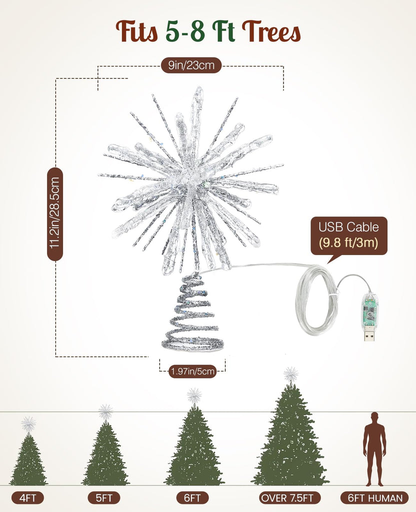 Christmas Tree Topper, Starburst Crystal Lighted Tree Star, Silver