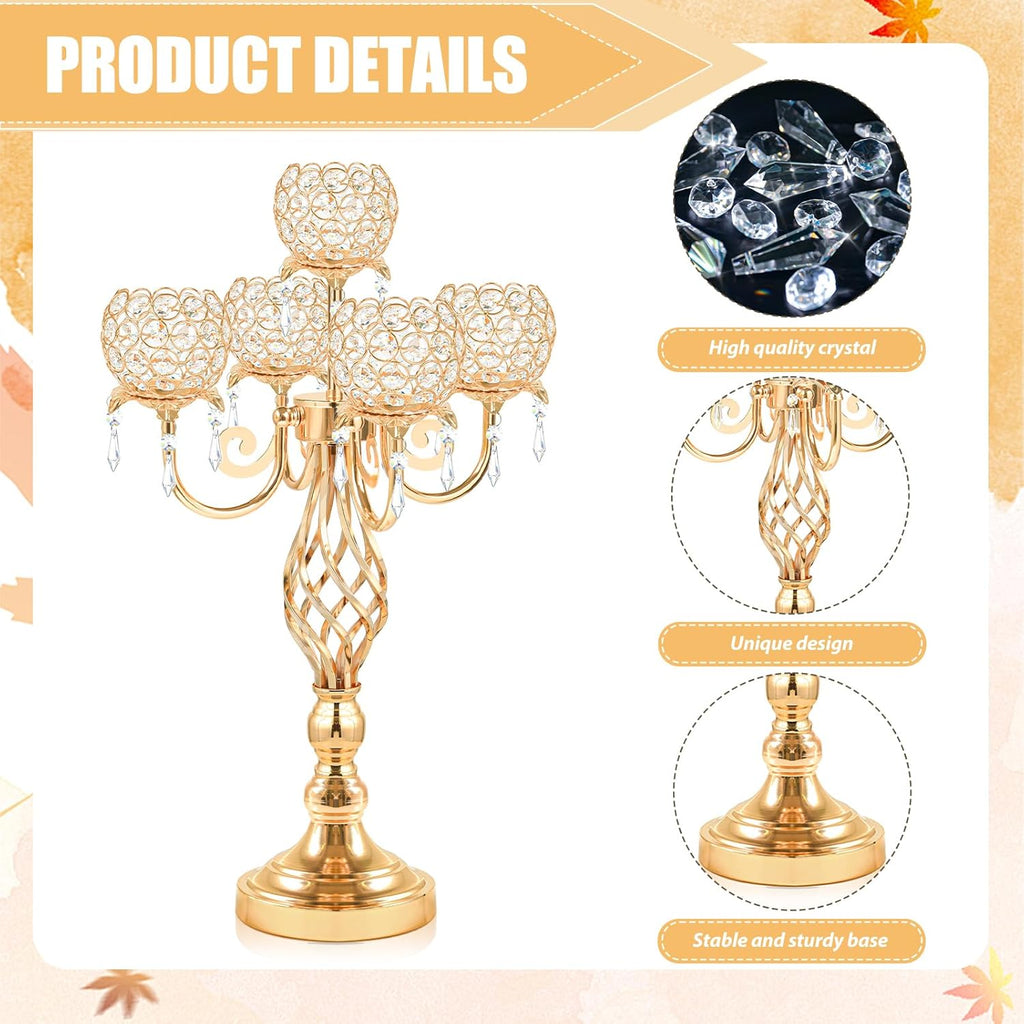 5-Arm Crystal Candelabra Centerpiece 23.2" Tall - Elegant Candle Holder Stand with Crystal Bowl, Chic Table Decor for