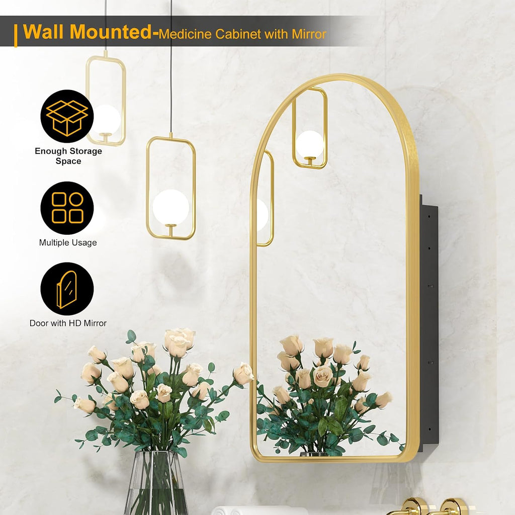 Arched Medicine Cabinet with Mirror,Gold Recessed Medicine Cabinet Mirror | Bathroom Arch Mirror Cabinet,Metal