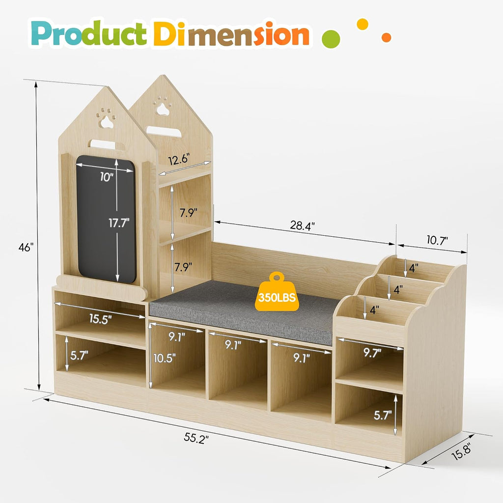 MU Kids Bookshelf with Reading Nook, Wooden Toy Storage Organizer with Chalkboard and Bench, Kids Reading Nook for
