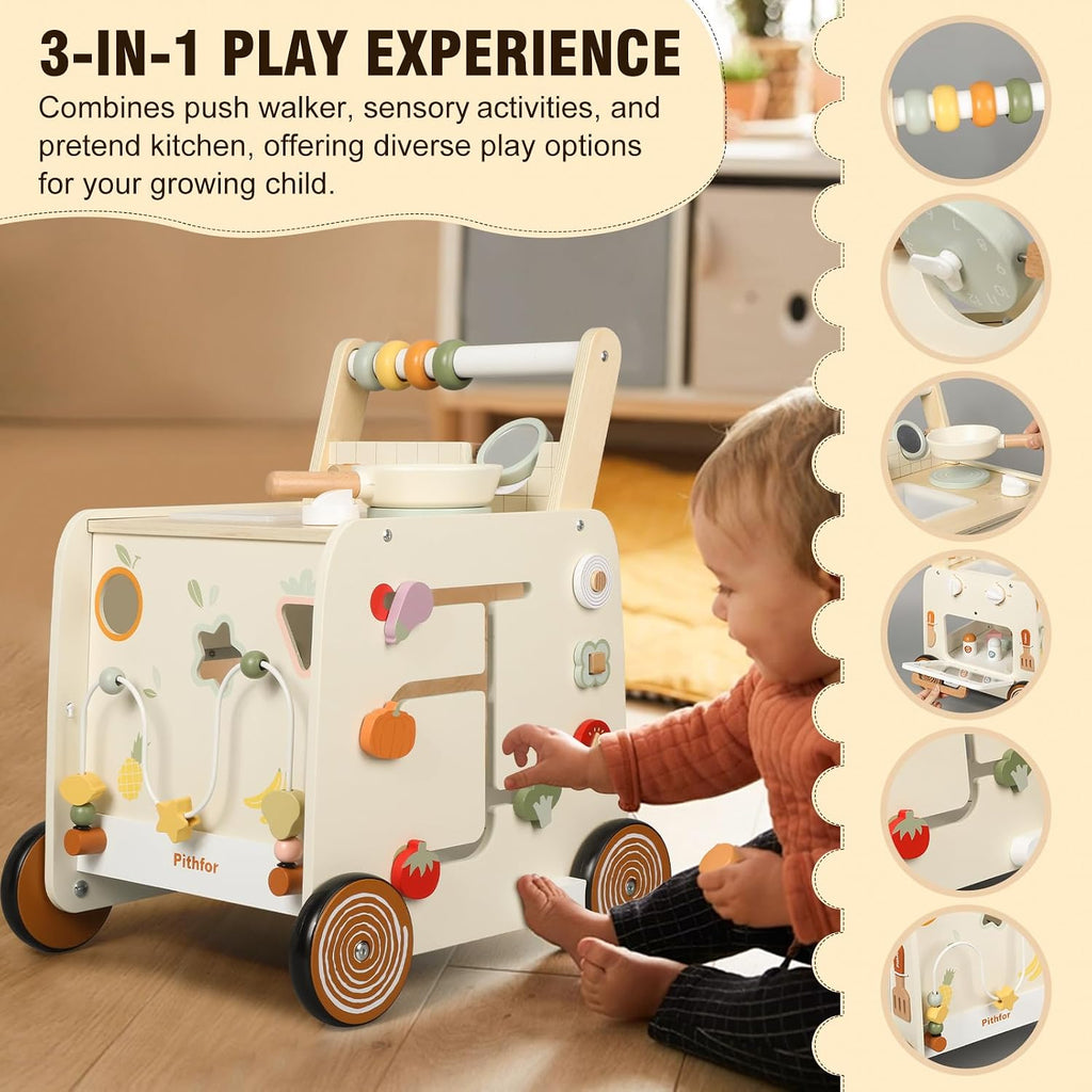 Wooden Baby Walker, in-1 Baby Push Walker, with Pretend Kitchen, Montessori Sensory Activity Center, Push Walker