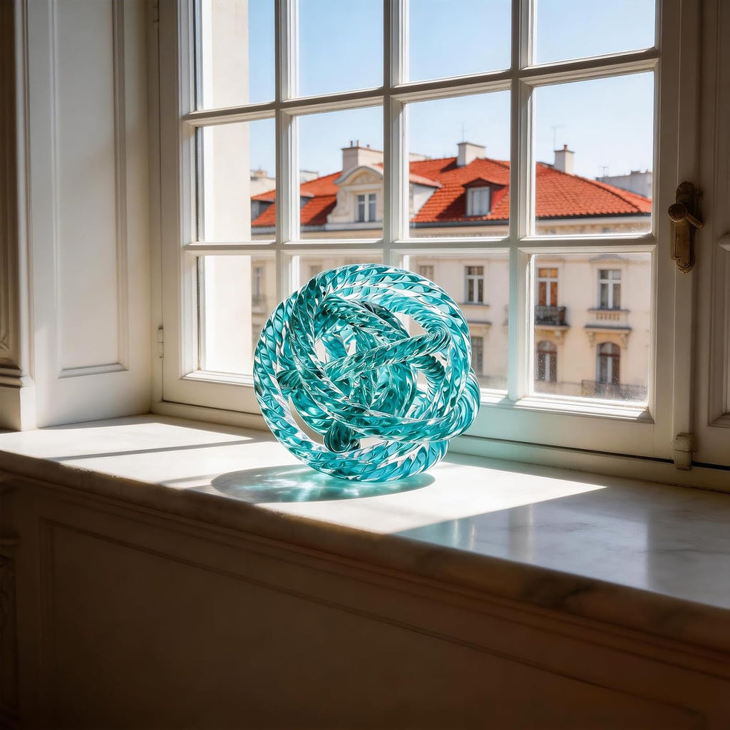 Glass Knot Teal Orbit Ball - 6 Inch Hand Blown Infinity Sculpture Decor Glass Orbit Home Decor Table Decoration