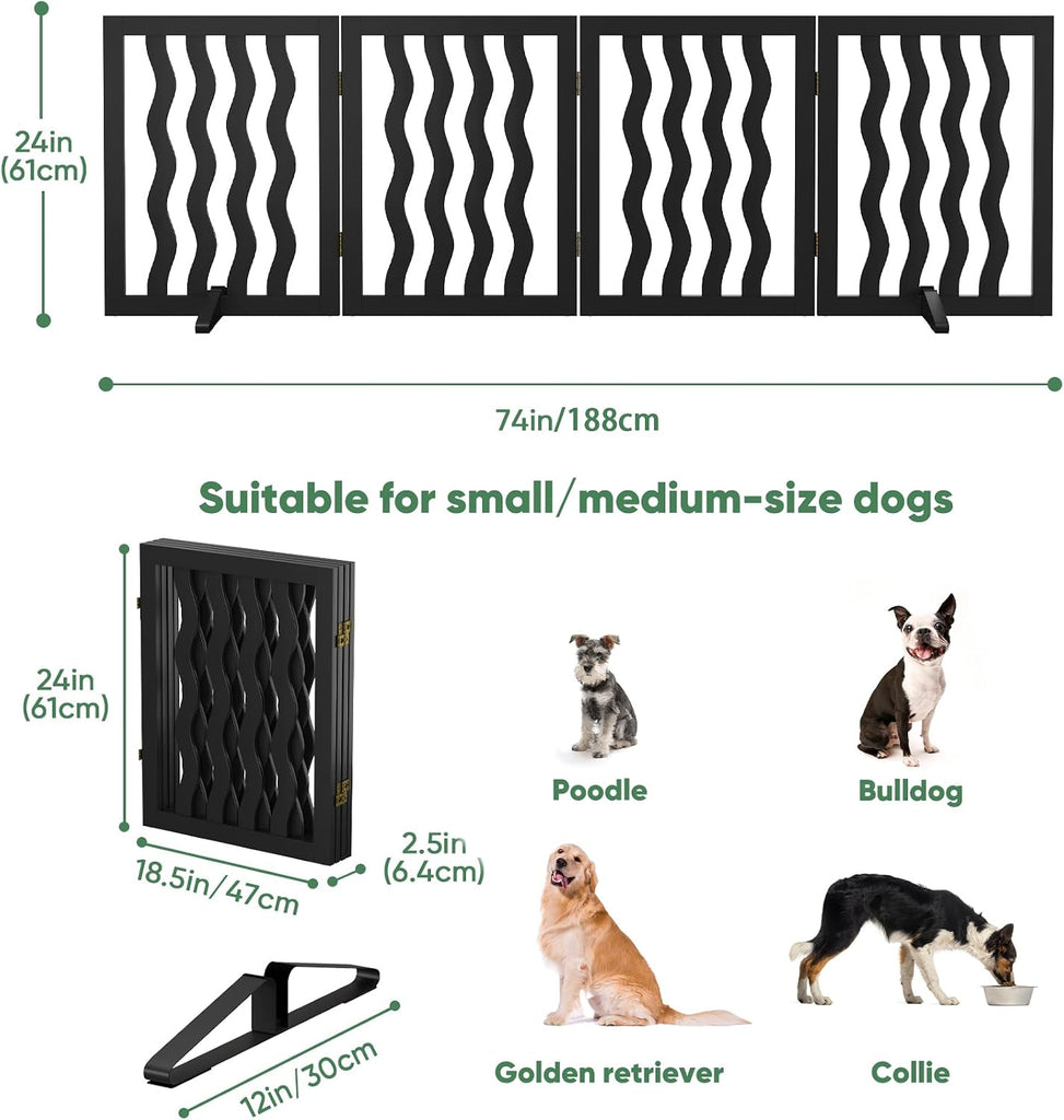Dog Gate, Wavy Freestanding Dog Gates for Doorways 4 Panels (Black)