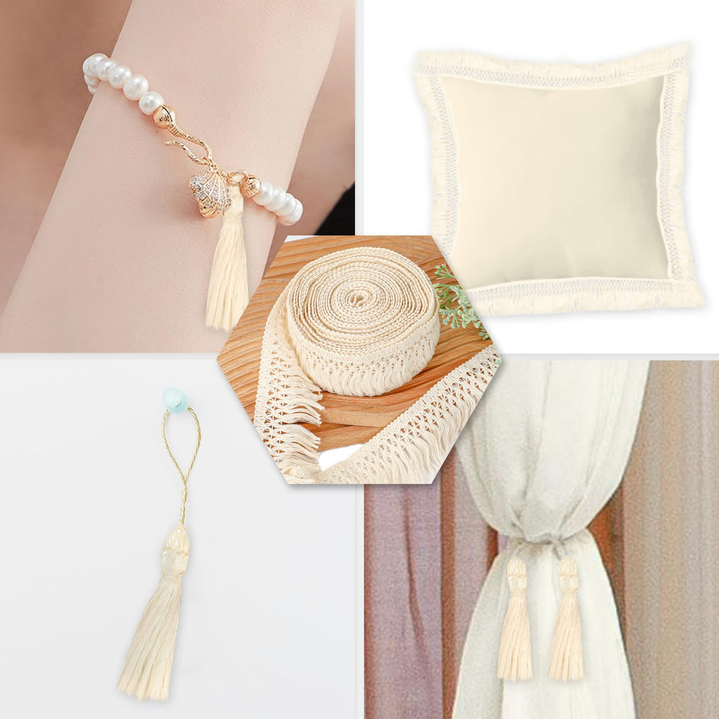 Fringe Tassel Trim 2.3-Inch Wide Boho Long Beige Lace Cotton Trimming for Clothes Curtains Dress Sewing - 10 Yards