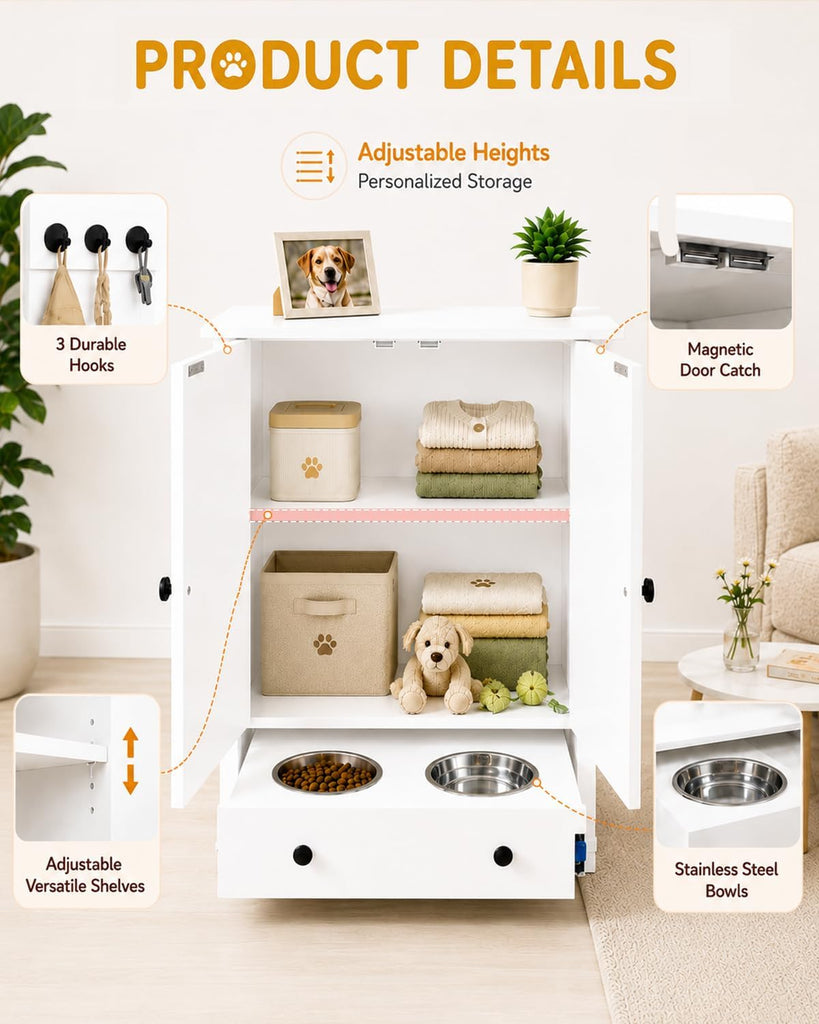 Dog Feeding Station with Storage Cabinet, Hidden Pull-Out Drawer