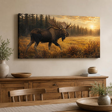 Moose Wall Art Rustic Wildlife Canvas Painting Woodland Animal Prints Serene Mountain Forest Picture Lodge Cabin
