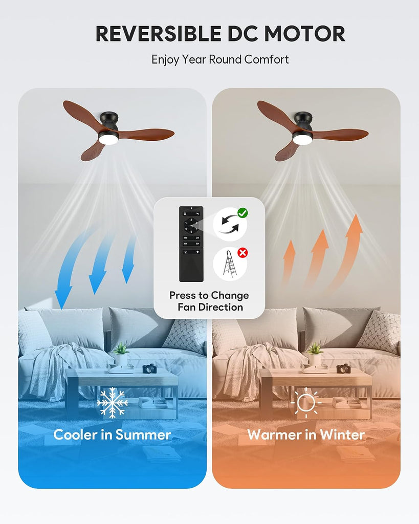 42 Inch Wood Ceiling Fan with Light and Remote - Flush Mount, 3 Solid Wood Blades, Dimmable 3-Color LED, Reversible DC Motor - Black