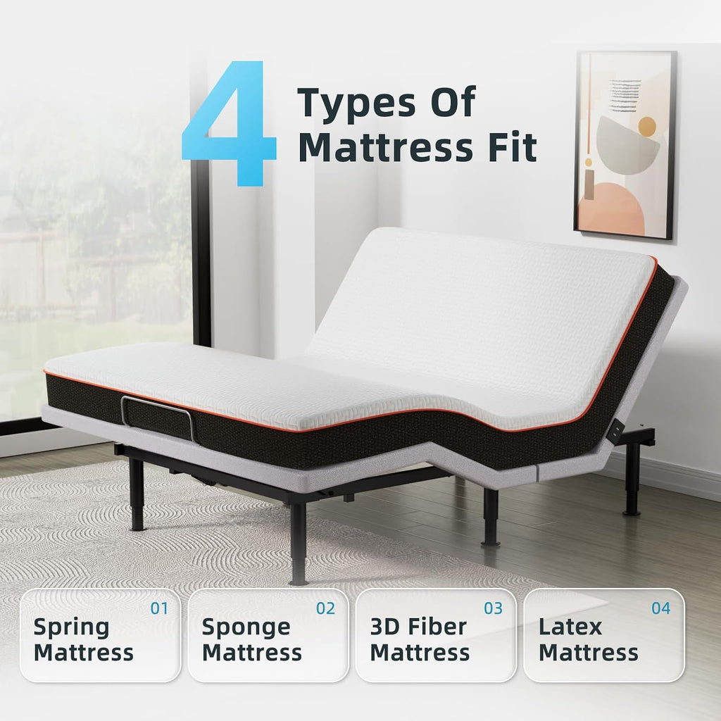 King Adjustable Bed Base Frame, Massage & Wireless Remote, Dual USB Ports,Ergonomic Upholstered Bed Frame, Lift