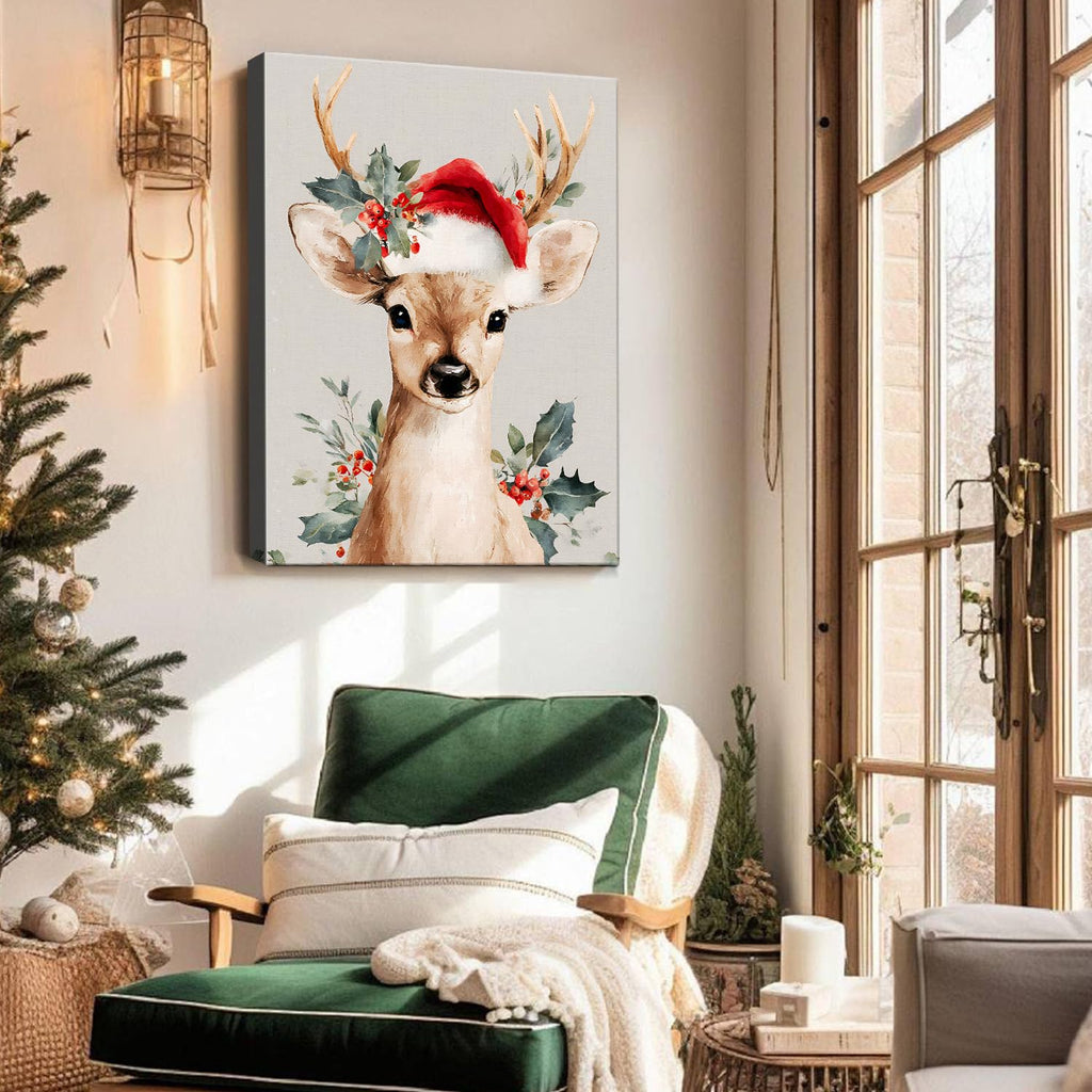 Rustic Festive Canvas Wall Art, Reindeer with Christmas Hat Canvas Wall Art