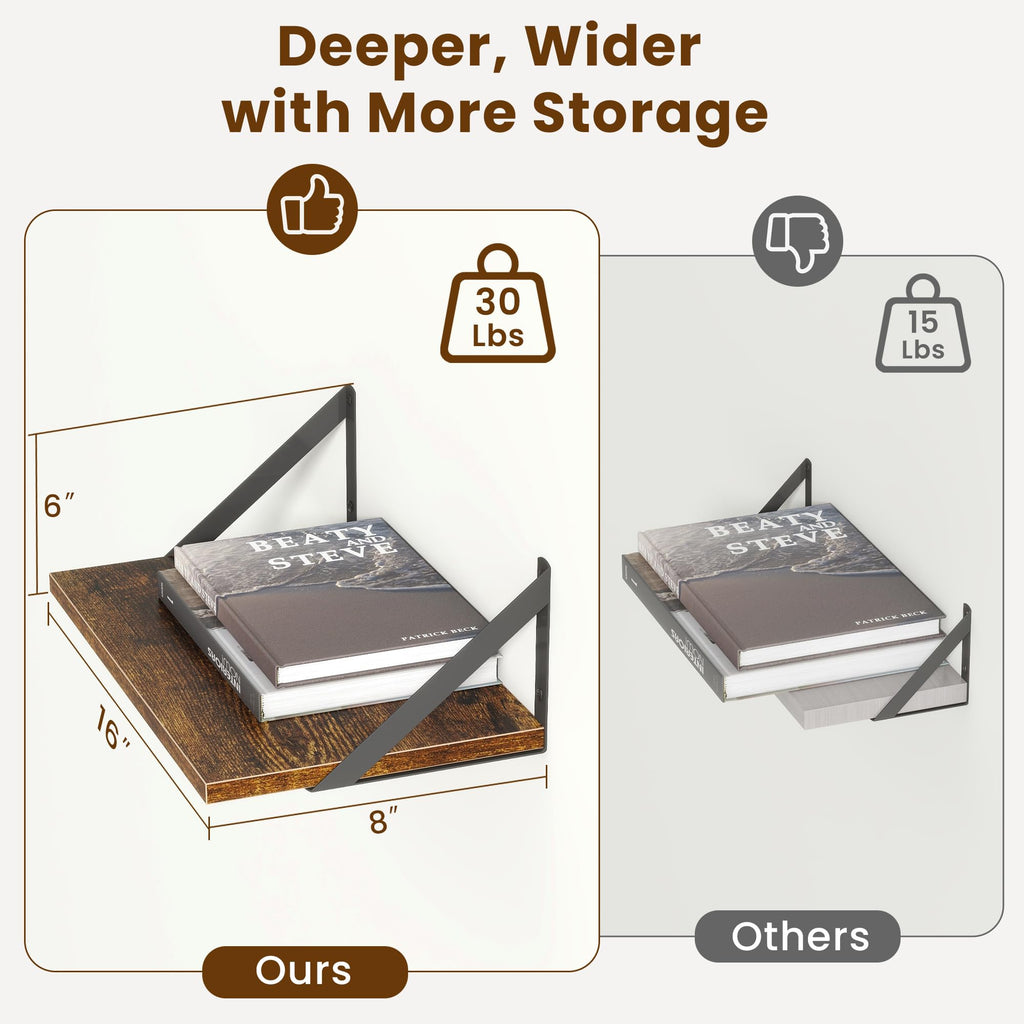 8" Deep Floating Shelves for Wall, 16 inch Wood Wall Shelves Set of 2, Wide Floating Bookshelf with Sturdy Metal