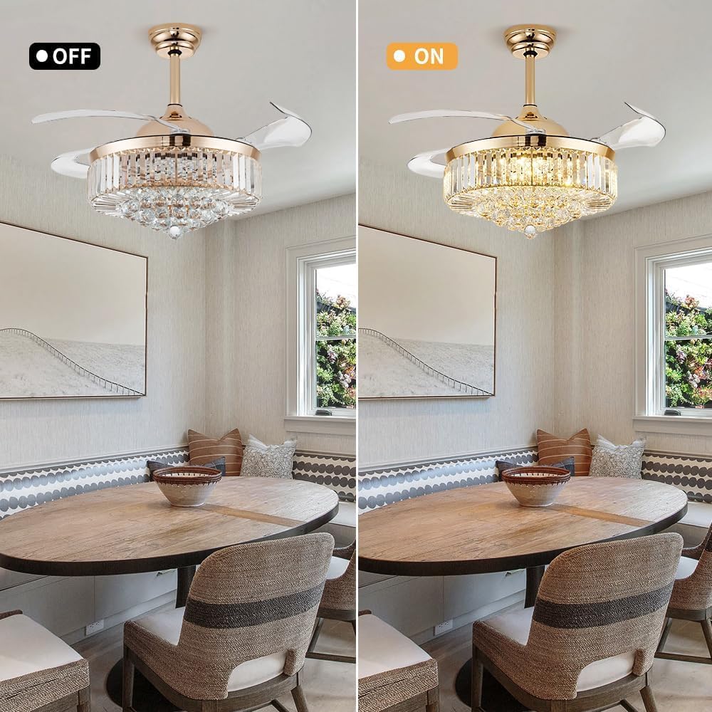 42'' Fandelier Ceiling Fans with Light, Chandelier Ceiling Fan, Retractable Crystal Ceiling Fan , 3 Color Change
