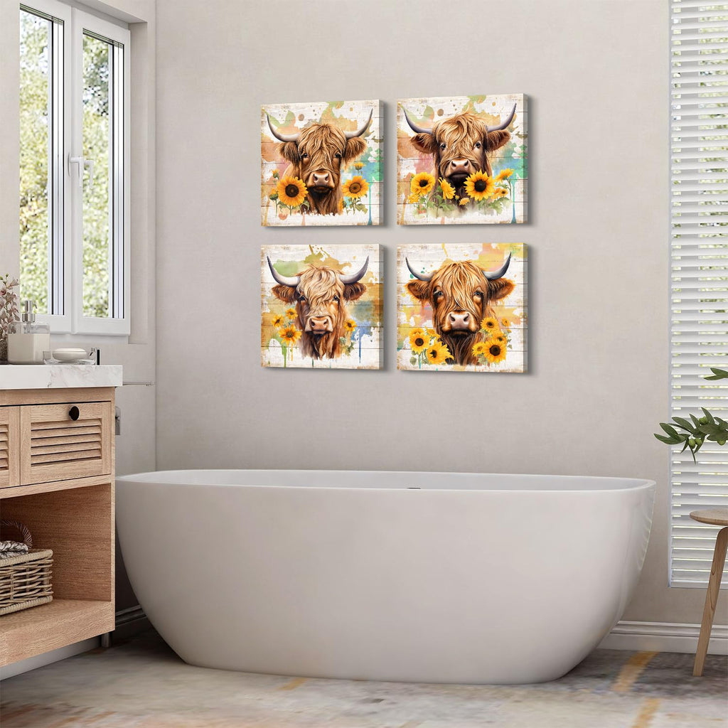 Farmhouse Highland Cow Canvas Wall Art Bathroom Decor Rustic Sunflower Pictures Dining Room Home Decorations