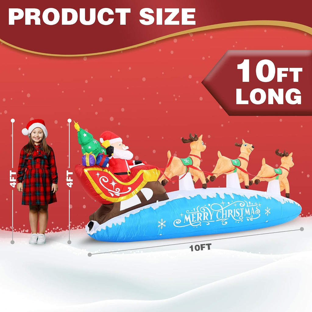10 FT Santa Sleigh with Reindeer Christmas Inflatables Outdoor Decorations, Christmas Blow Up Yard Decorations for