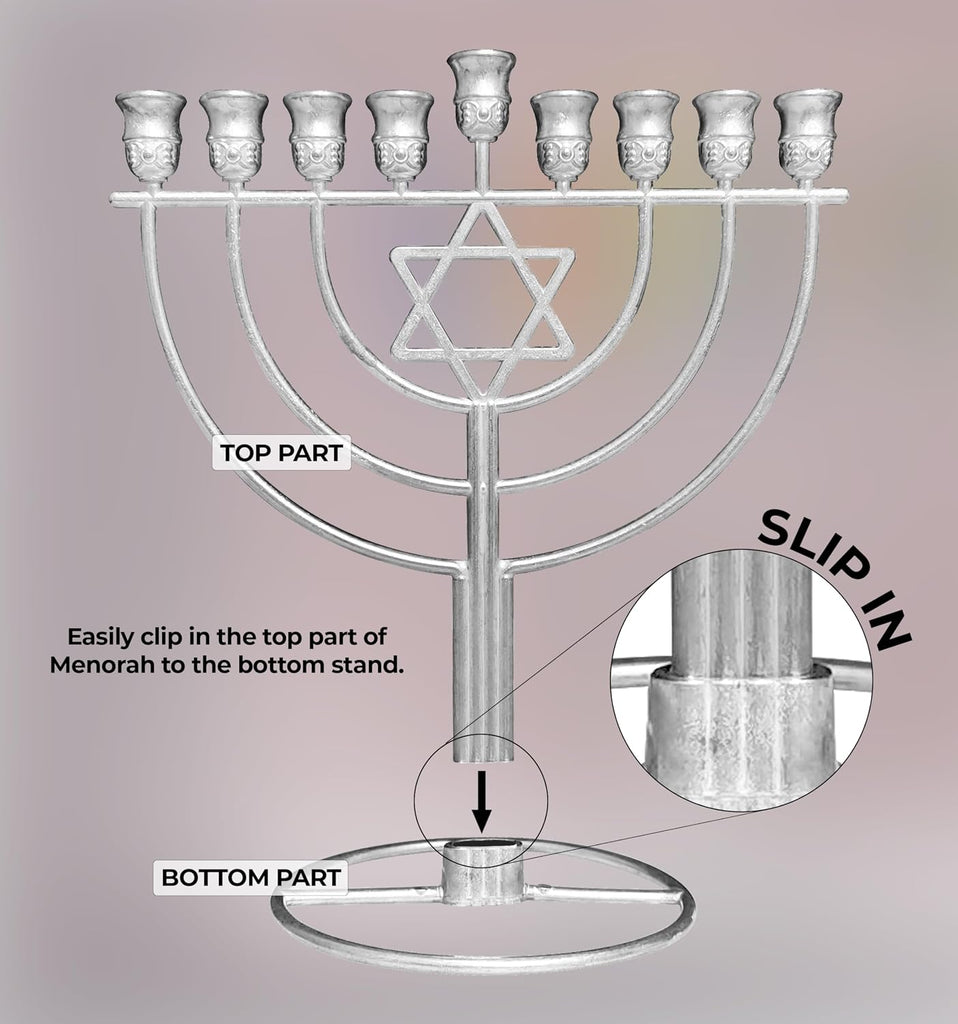 Hanukkah with Jewish Star - Fits All Standard Chanukah Candles - Sleek Wireframe Silver Chanukah Modern Davids Star