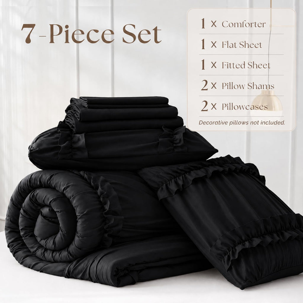 Ruffle Comforter Set, Ruched Bed in a Bag, 7-Piece, Black