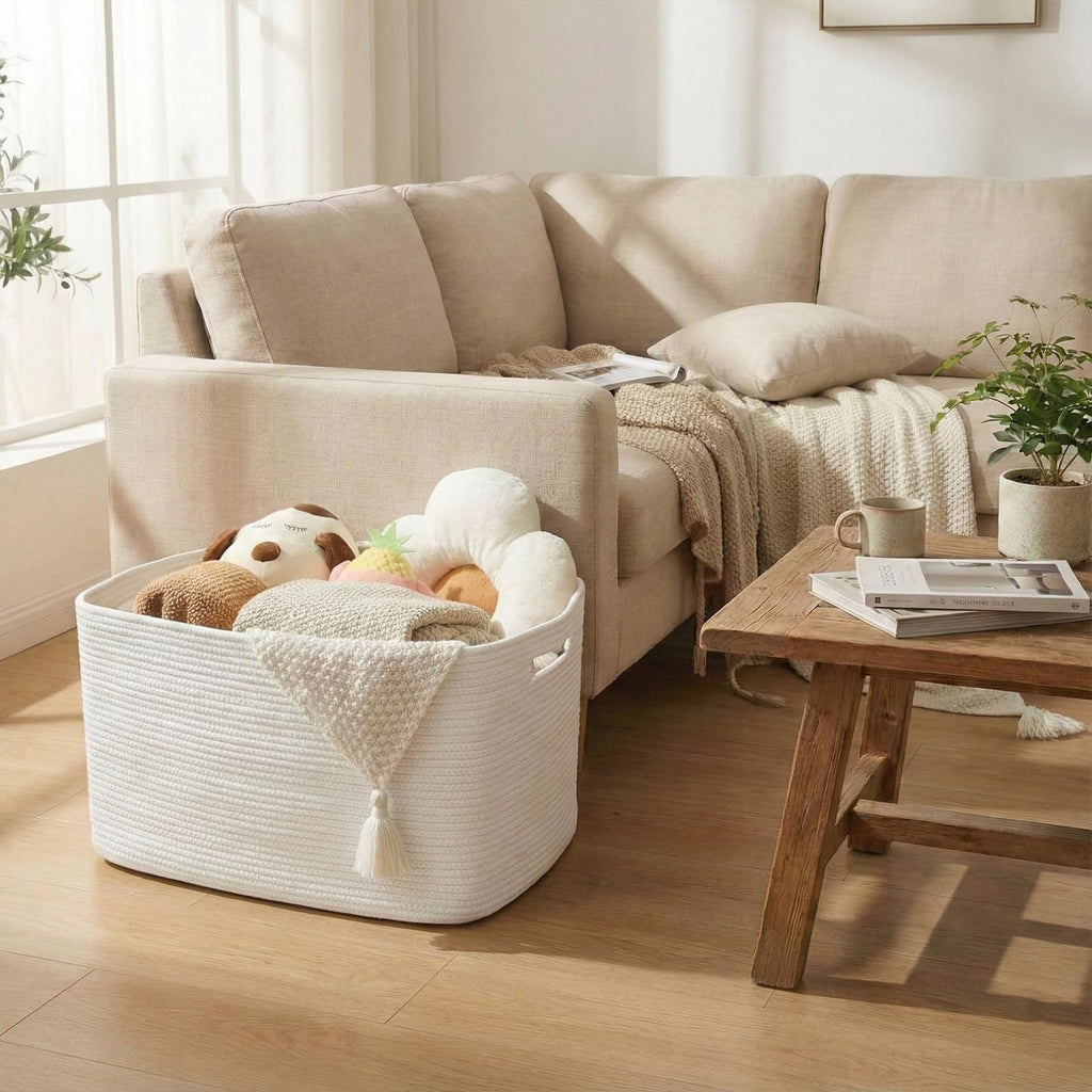 65L Large Woven Cotton Rope Blanket Basket, White