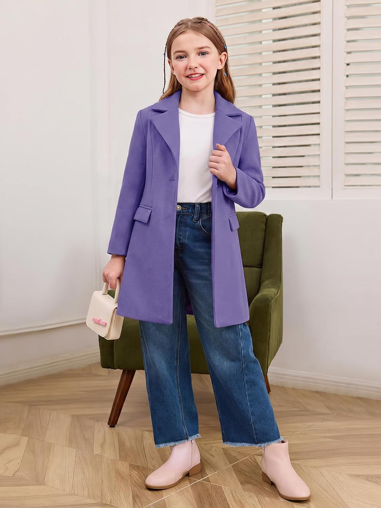 Girls Dress Coat Single-Button Lapel Long Jacket