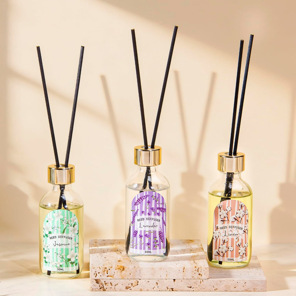 Reed Diffuser Set of 3 - Linen Lavender Jasmine Oil Diffuser with 15 Sticks, Reed Diffusers Bathroom Shelf Air