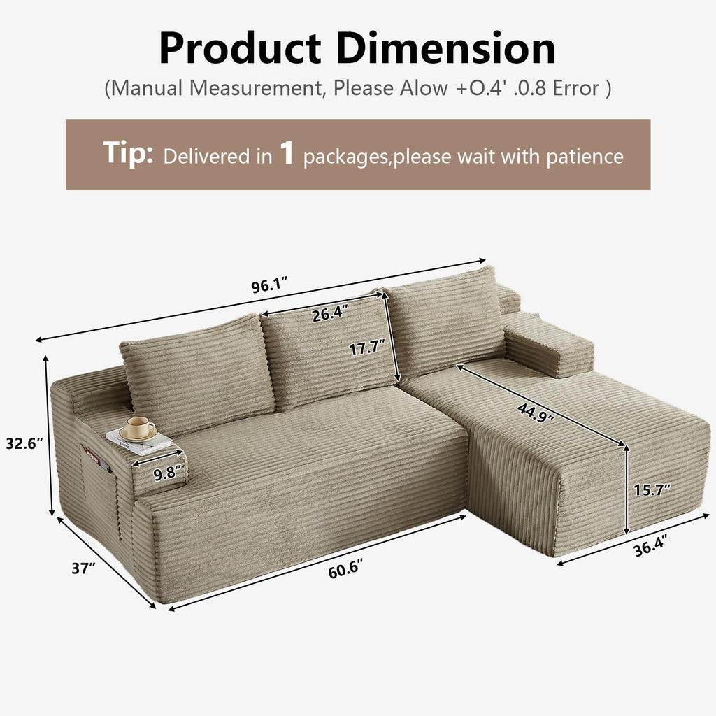 96" Cloud Sectional Couch with L-Shape Chaise, Modular Comfy Sofa Chaise Longue, Upholstered Corduroy Couches Sleeper