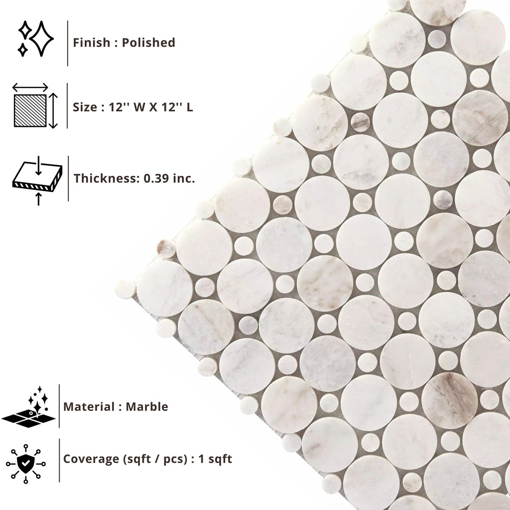 Bianco Orion White Polished Marble Mosaic Tile, Circle Penny Round Pattern, Natural Stone Floor & Wall Tile, Shower