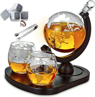 Whiskey Decanter Globe Set with 2 Etched Globe Whisky Glasses | Liquor Decanter | Whiskey Stones, Ice Tong, Funnel - Set of 10