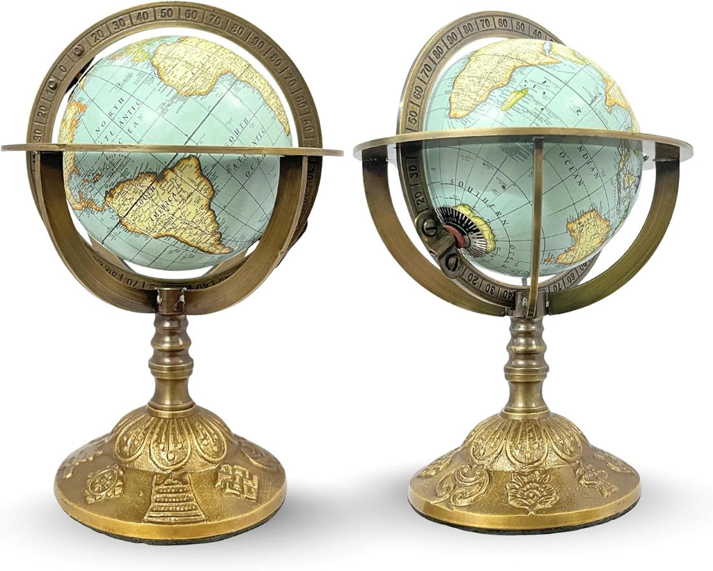 Brass Armillary Sphere Globe with Celestial Engravings and Floral Base - Rotating Decorative Astronomical Piece.