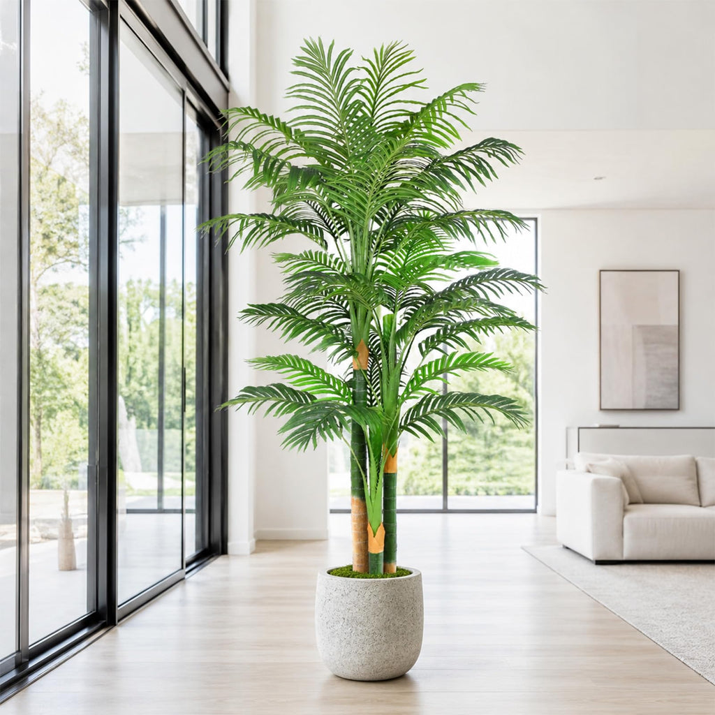 7FT Artificial Palm Tree - Tropical Faux Golden Cane Palm Tree UV Resistant Tall Fake Plant Indoor with Black Pot