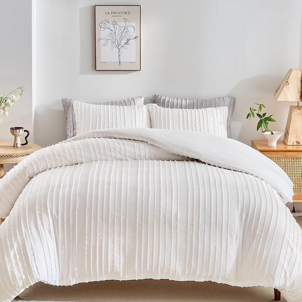 White Boho Duvet Cover Set King, Striped Textured Duvet Cover Tufted Bedding Set, 3 Pcs Ultra Soft Washed Microfiber