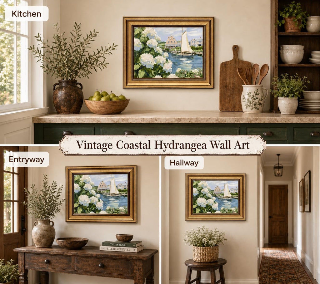 Gold Framed Vintage Coastal Canvas Wall Art, Hydrangea Seascape Wall Decor