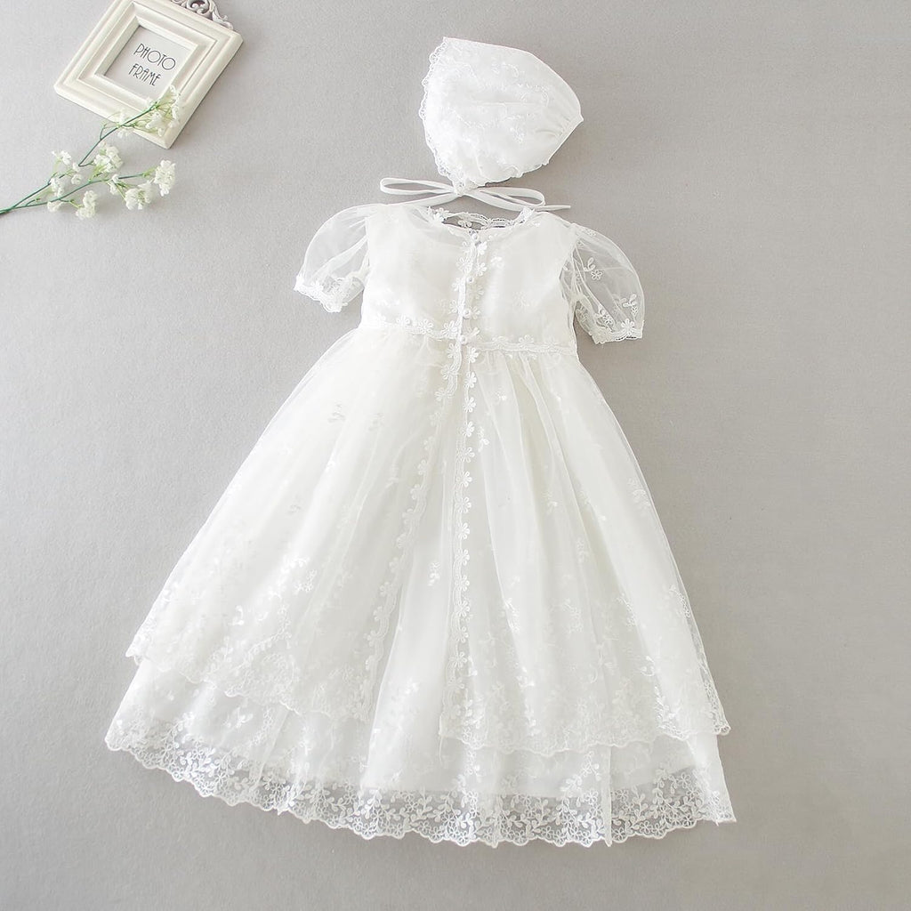 Baby Girls Baptism Christening Dress 3Pcs Infant Toddler Floral Embroidered Lace Gown