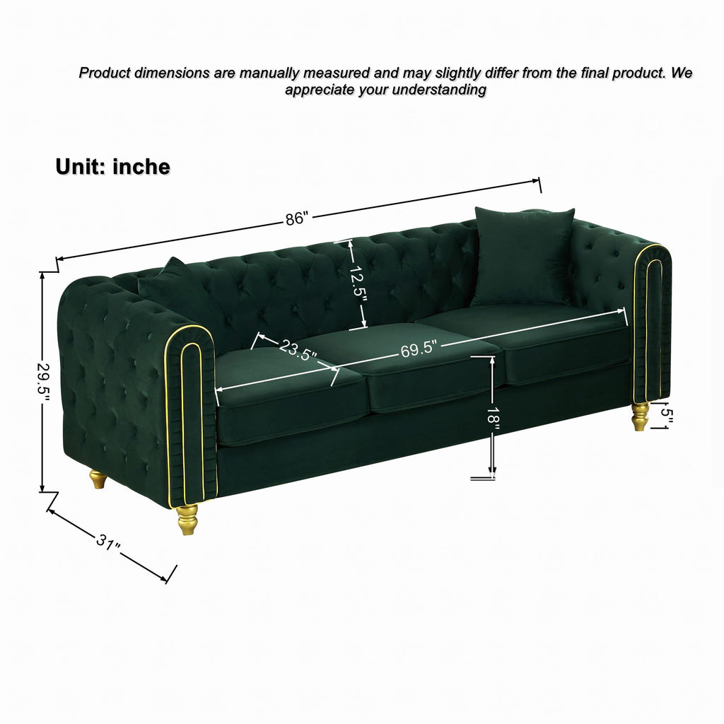 Chesterfield Button Tufted Sofa, Modern 3 Deep Seater Couch, Upholstered Comfy Sofa with 2 Pillows, Green