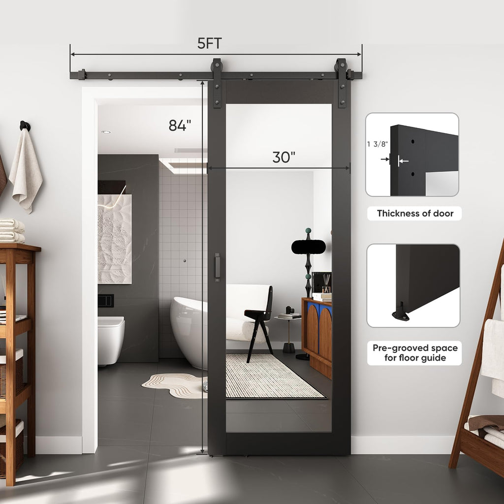 30in x 84in Mirror Barn Door with 5FT Hardware Kit, Black