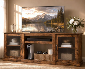 Farmhouse TV Stand for 75 inch TV, Entertainment Center with Storage Cabinets, Mid Century Modern TV Console for