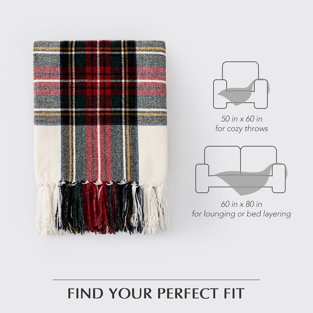 Chenille Christmas Throw Blanket, 50"x60", White Stewart Plaid
