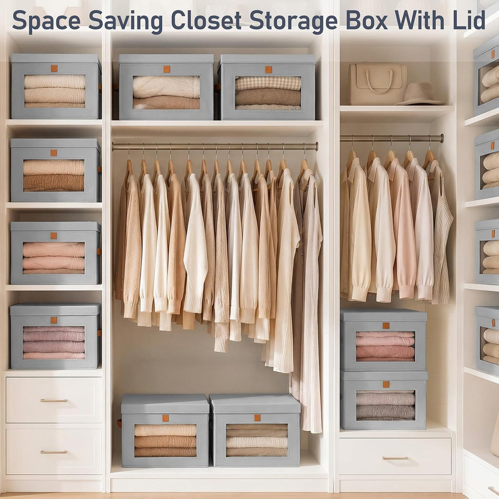 Storage Bins with Lids - 6 Pack Front Opening Stackable Fabric Storage Boxes with Clear Window & Handles, Collapsible