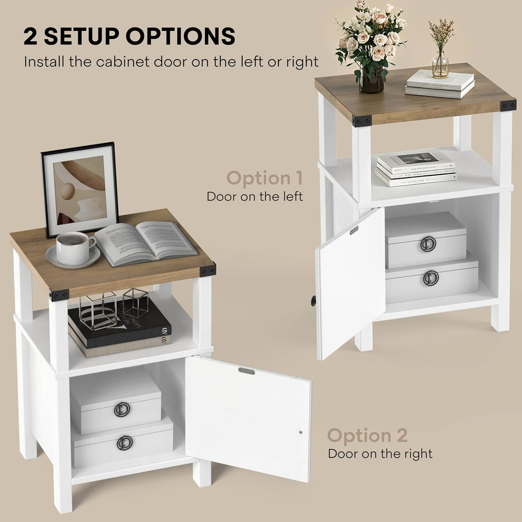 Farmhouse Nightstands with Charging Station, Rustic Vintage Side End Table with Storage, Wood Side Table with Barn