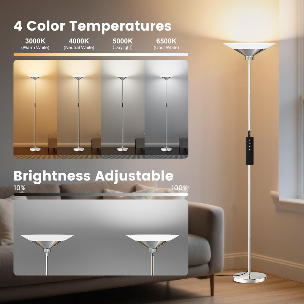 Metallic Silver Torchiere Floor Lamp - 30W Dimmable LED Standing Lamp with Remote/Button Control, 1800Lm