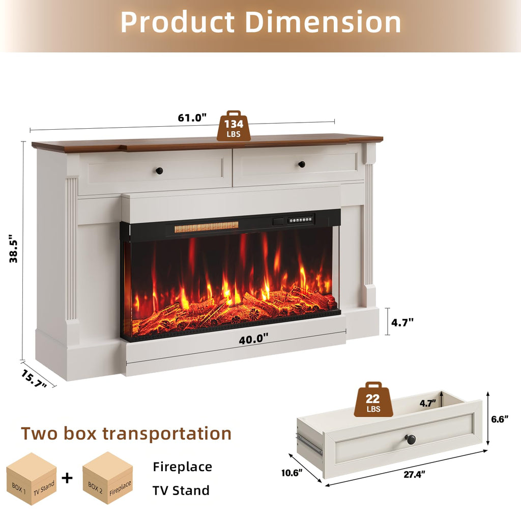 61" Electric Fireplace with Mantel, Fireplace TV Stand, White