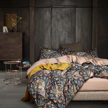 Duvet Cover Set - 3pc Dark Navy Paisley Boho Bedding - Luxury Art Deco Floral Botanical Print, Soft Microfiber