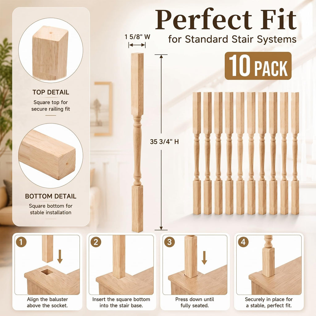 10 Pack Primed Rubberwood Railing Spindles, 35-3/4 Inch