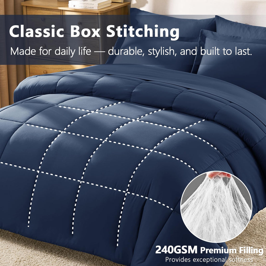 Oversized Comforter Set, 7-Piece Bed in a Bag, Navy Blue