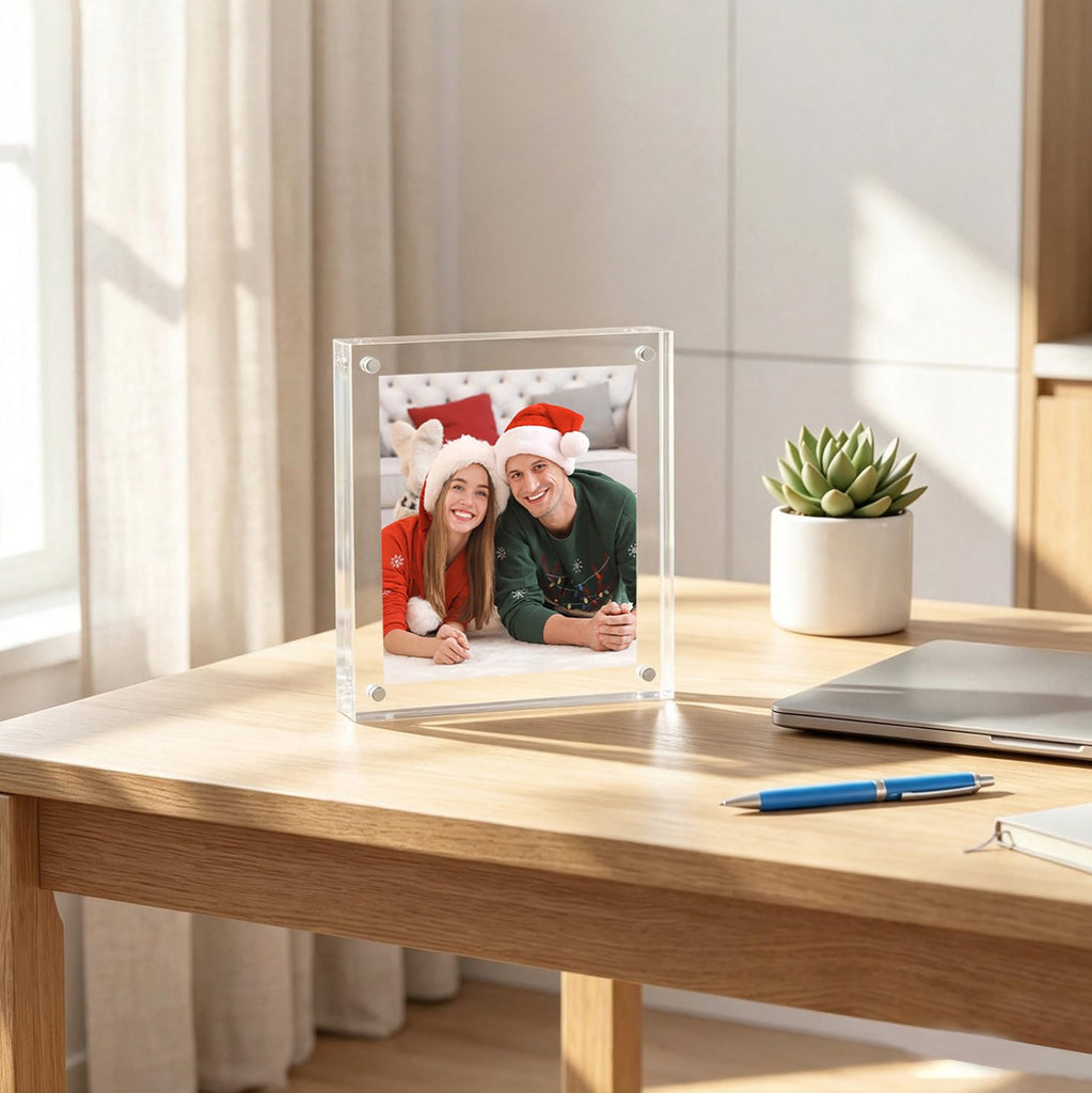 Acrylic 5x5 Picture Frame 2 Pack Clear Two Sided Desk Photo Frame Magnetic Frame Inner Size 4x4 with Gift Pack for