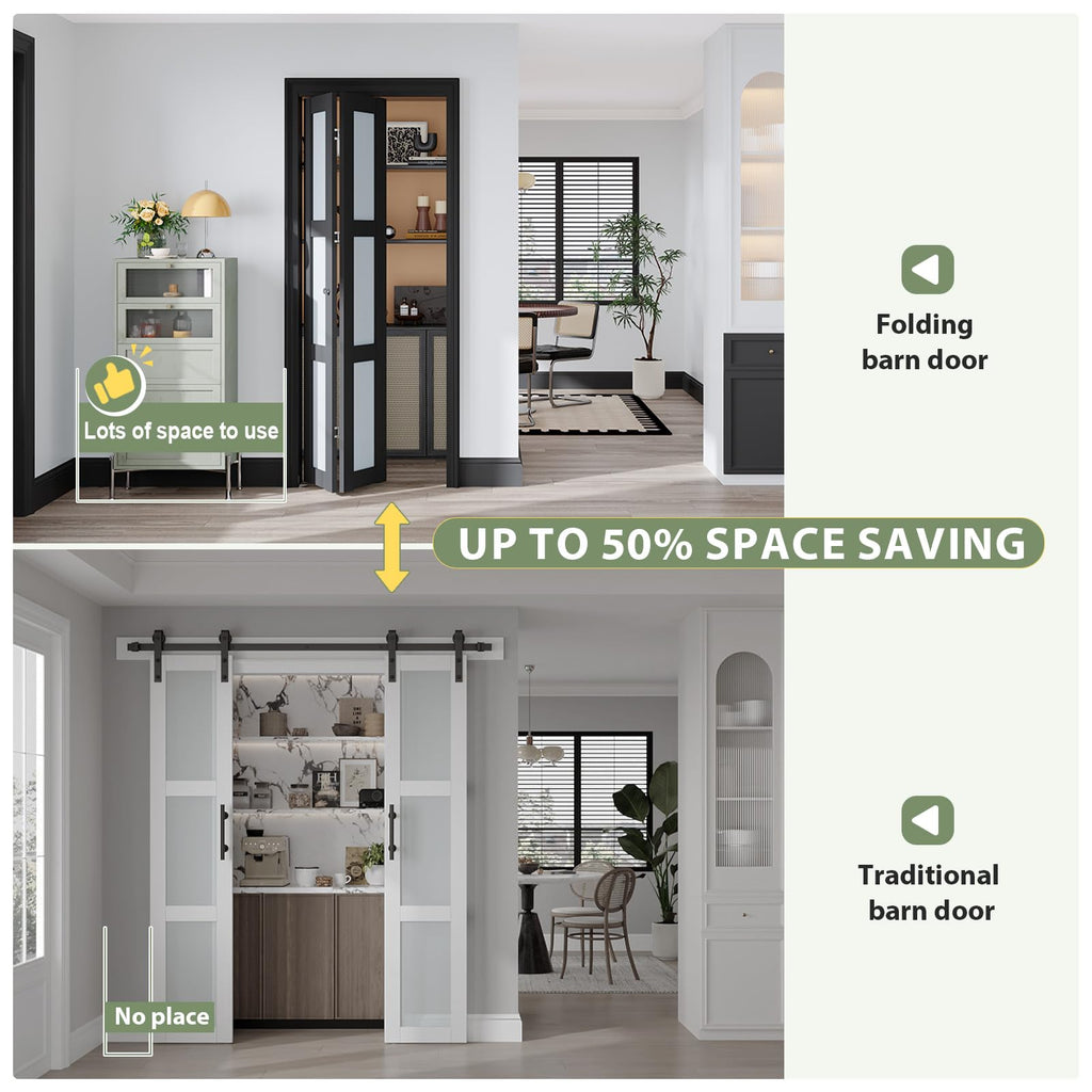 Bifold Closet Doors, Folding Door for 36" x 80" Opening, 3-Lite Tempered Frosted Glass, Black Interior Bi-fold Barn Door